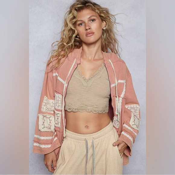 POL Jackets & Blazers - NWOT - POL Pink Distressed Denim Patchwork Jacket with Lace